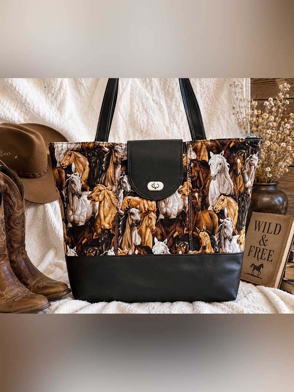 Handmade Horse Print Tote Bag Western Equestrian Faux Leather Large Shoulder Bag